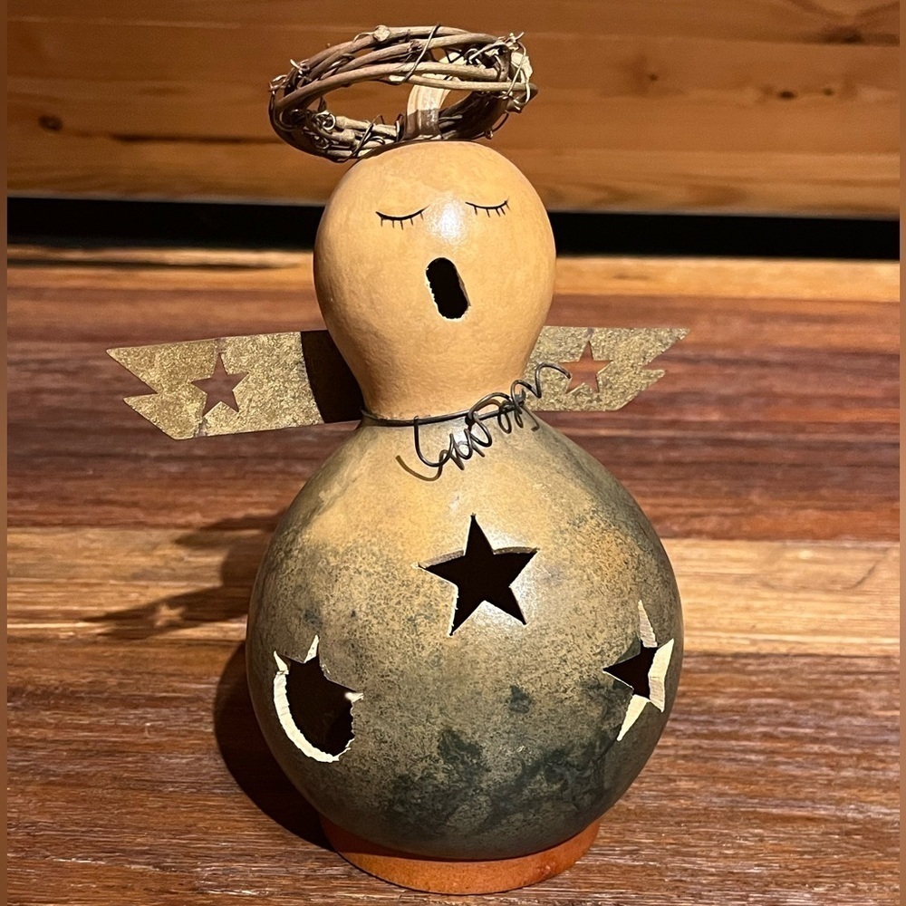 Rustic Adorable Dried Gourd Singing Angel Figurine Christmas Folk Art 7.5" Tall